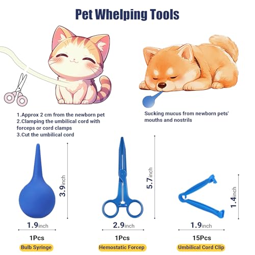 Puppy Kitten Whelping Kit, Newborn Dogs Cats Pet Whelping Kit with 6P Record Keeping Charts, 15P Pet ID Collars, 1P Aspirator Bulb, 15P Umbilical Cord Clip, 1P Hemostatic Forcep