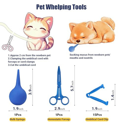 Puppy Kitten Whelping Kit, Newborn Dogs Cats Pet Whelping Kit with 6P Record Keeping Charts, 15P Pet ID Collars, 1P Aspirator Bulb, 15P Umbilical Cord Clip, 1P Hemostatic Forcep