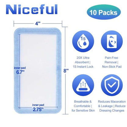 Niceful Super Absorbent Wound Dressing 4" x 8" (10 Pcs) – Sterile Non Stick Gauze Pads for Wound Care, Heavy Exudate Large Bandages for Pressure Ulcers, Bedsores, Diabetic Foot Ulcers - size: 4"x8"(10PCS)