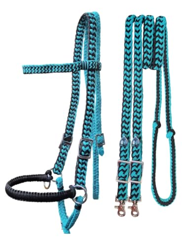 Challenger Horse Braided Nylon Sidepull Bitless Halter Bridle Combo with Reins Turquoise Black 601RS02TR
