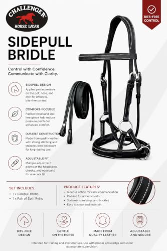 CHALLENGER Western English Leather Bitless Sidepull Bridle Reins 7713 - color: Black, size: Cob Size
