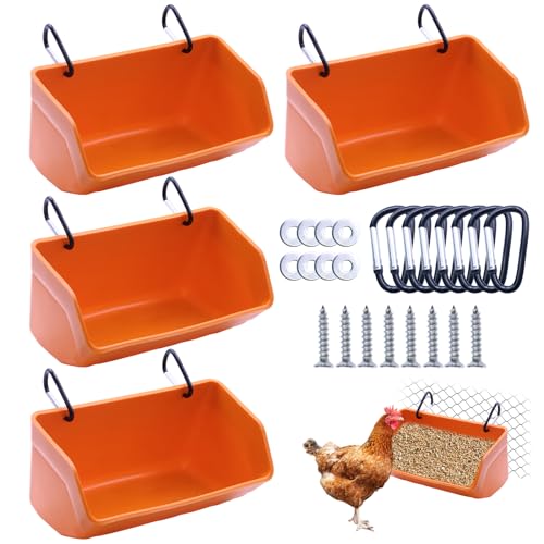 Fence Hanging Chicken Feeder - 4 Pack Feed Trough with Clips for Goat Duck Sheeple Horse Goose, Pig Poultry, Chicken Feeder Bucket Feeding Container for Livestock (Orange) - color: Orange