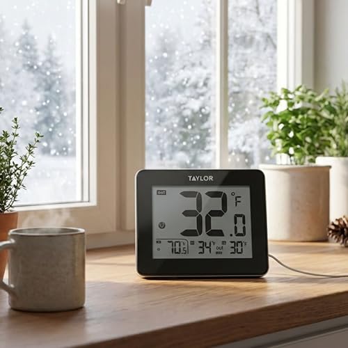 Taylor Wired Digital Indoor Outdoor Thermometer with LED Display, Wired Probe Sensor for Home, Greenhouse, Nursery, and Indoor Use, White Housing