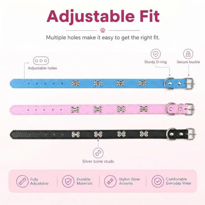 Adjustable PU Leather Dog Collar with Color Matched Bell,Pink M - color: pink, size: 10-13.5 Inch