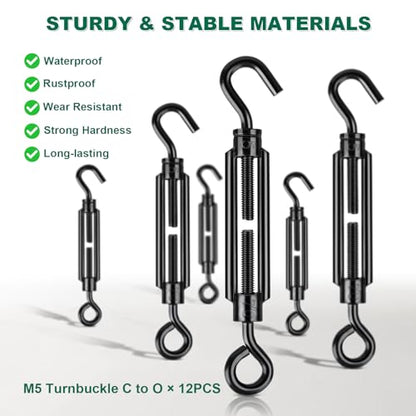 Black Small Turnbuckles for Cables Wire, M5 Hook and Eye Tensioner - size: 12 Pcs M5 x 4.7"