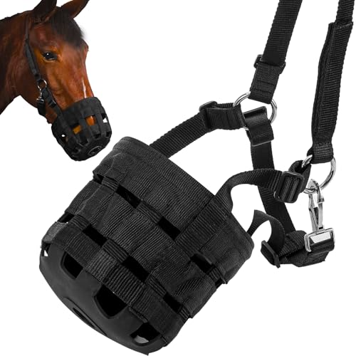 Durable Ventilated Grazing Muzzle with Attached Breakaway Halter - Lightweight Horse Muzzle, Supports Natural Grazing, Restricts Food Intake, Padded Noseband - color: Onyx Black