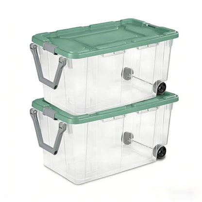 160 Quart Durable Clear Storage Container with Latch Lid and Pull Handle, Light Green, 2 Pack