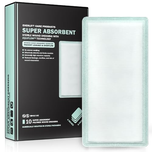 EVERLIT CARE EquiFlow Super Absorbent Dressing for Heavily Exuding Wound | Fast-Absorbing Non-Adhesive Polymer Dressing with Nonstick Gauze Pad | High Absorption & Retention | Pack of 10 (4" x 8") - size: 4" x 8"