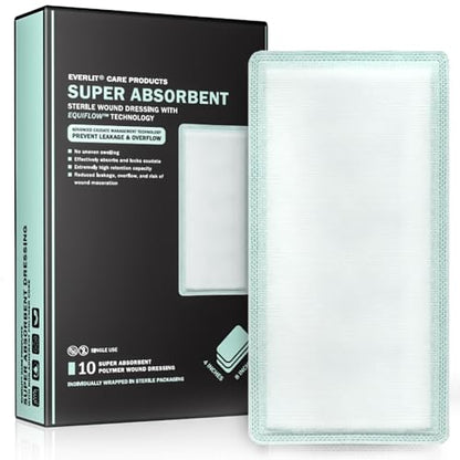 EVERLIT CARE EquiFlow Super Absorbent Dressing for Heavily Exuding Wound | Fast-Absorbing Non-Adhesive Polymer Dressing with Nonstick Gauze Pad | High Absorption & Retention | Pack of 10 (4" x 8") - size: 4" x 8"