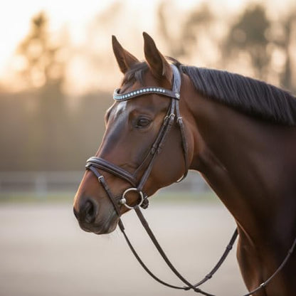 Equine Care English Horse Bridle with Reins, Padded, 6 Browband Styles - color: Havana Brown with Ice Blue Crystal