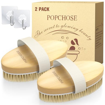 POPCHOSE Dry Brushing Body Brush, 2 Pack Boar Bristle Exfoliating Brush | Natural Boar Bristle Body Brush, Dry or Wet Exfoliating Shower Scrub Brush for Smoother Skin, Self Care Routine Gift - size: 2 Count (2*Boar Bristles)