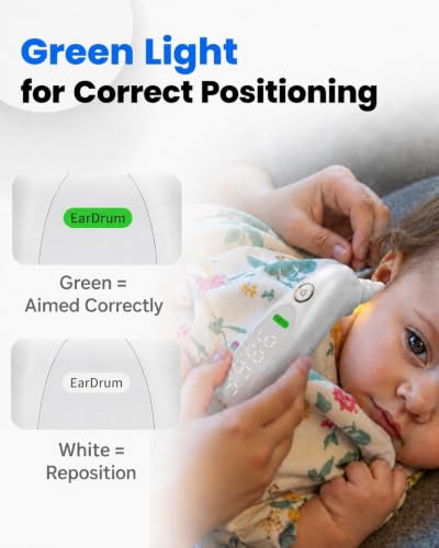 Ear Thermometer for Baby, Kids & Adults, Eardrum Position Detection, 1-Second Reading, Large LED, Fever Alert, Night Light, Batteries Included