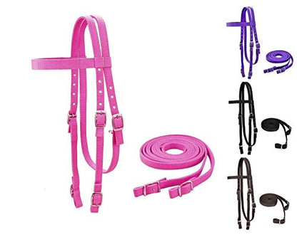 Tahoe Tack Plain Double Layer Nylon Headstall with Reins - color: Pink, size: Full