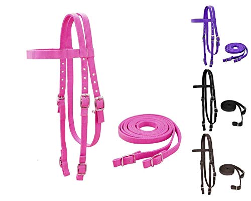 Tahoe Tack Plain Double Layer Nylon Headstall with Reins - color: Pink, size: Full
