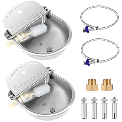 ToLanbbt 2PCS Automatic Animal Dispenser Horse Water Bowl with Float Valve Stainless Steel Goat Waterer Feeder Outside Water Trough for Livestock Auto Fill Dog Water Bowl with 1/2" Hose, Drainage Hole - size: 2 PCS