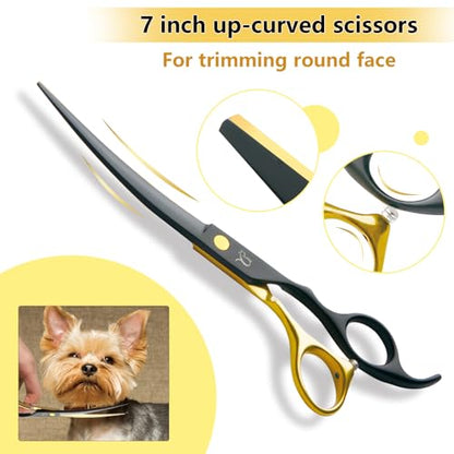 Dog Grooming Scissors-7" Dog Grooming Shears Set 5PCS Black Gold | Paint Coated Curved Scissors Thinning Scissors with Safety Round Tips, Sharp and Durable