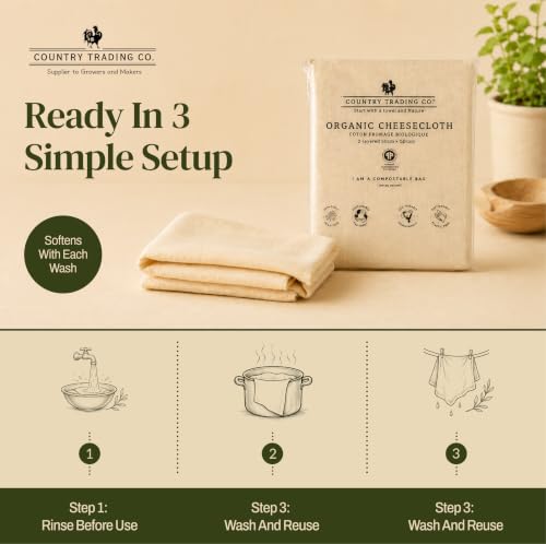 Country Trading Co. Organic Cheesecloth, Grade 120 Extra-Fine Weave, 2 Hemmed Squares, GOTS Certified Unbleached Cotton, Reusable Straining Cloth for Cheese, Nut Milk, Yogurt & Kombucha - size: 2.8 sq ft (2pcs)