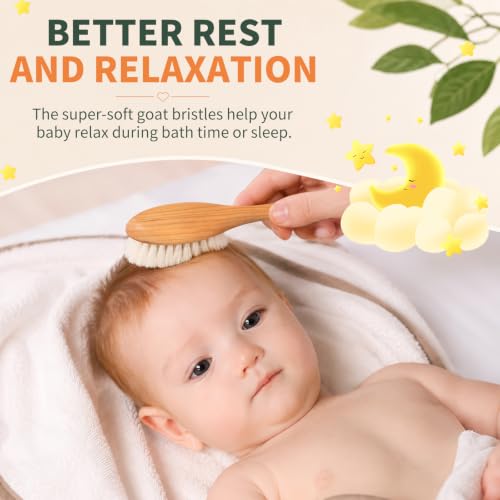 Wooden Baby Hair Brush, No Chemical Painting Infant Hair Brush | All Natural & Safe, Cherry Wood, Soft Goat Bristles, Wood Wax Oil, Prevent Cradle Cap, Exquisite Gift for New Parents