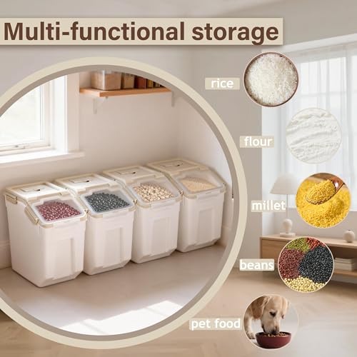 RUIAN 25lb Flour Rice Storage Containers Bin, Large Airtight Storage Container with Wheels Seal Locking Lid, with Measuring Cup&Scoop for Flour, Rice, Grain(Gray 4PCS) - color: Gray 4Pack 25Lb