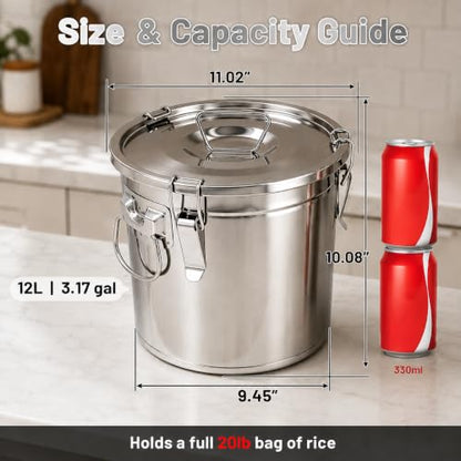 304 Stainless Steel Airtight Food Storage Containers 3.17gal/12L with Locking Lids & Clips Large Kitchen Jar for Rice, Flour, Sugar, Grain, Coffee Beans - size: 12L