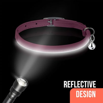 OOPSDOGGY Rolled Leather Cat Collar with Bell, Reflective Kitten Collars with Buckle Include Safety Elastic Strap - Adjustable Small Pet Collars for Boy Girl Cats (Fucsia) - color: Fucsia