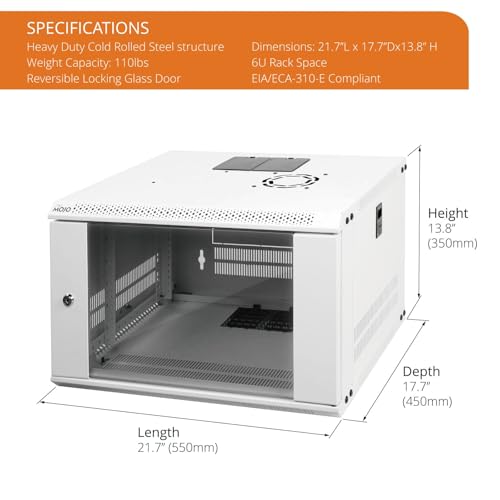 Tecmojo 6U Wall Mount Rack Network Cabinet for 19" IT Equipment,with Lockable Glass Door and Side Panels,Cooling Fan,17.7inch Depth,White - color: White