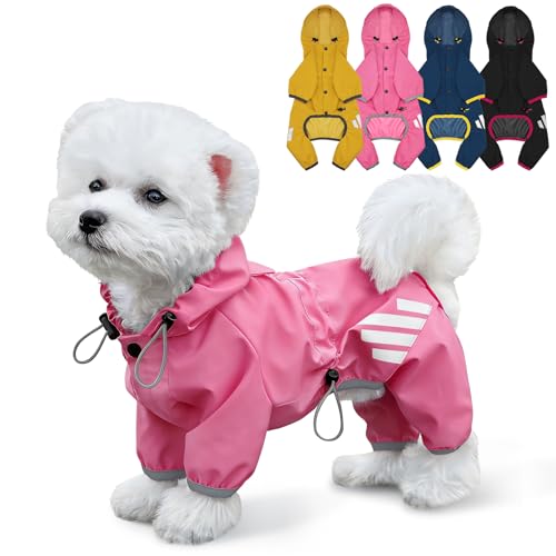 Dog Raincoat, Waterproof Dog Rain Jacket with Hood, Rain Coat with Leash Hole, Reflective Strap for Small Medium Dogs, Lightweight Puppy Clothes(Pink,L) - color: Pink, size: L(Back Length15'')