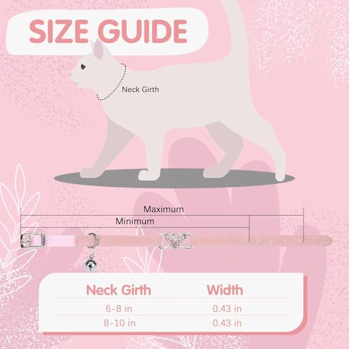 BINGPET Diamond Cat Collar with Bell, Adjustable Kitten Collar, Pink - color: Pink(Heart), size: Neck Girth 8"-10"