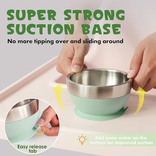 MR. CHOU Baby Suction Bowl Set with Spoon & Fork, Insulated Double-Layer 18/8 Stainless Steel Toddler Bowls with Silicone Suction Cup & BPA Free Airtight Lids, Green - color: Green-S