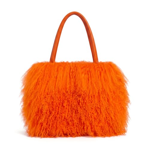 Women Luxury Real Curly Mongolian Lamb Fur Purse - color: Orange