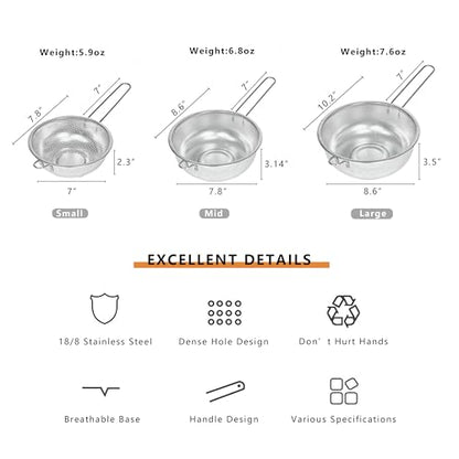 Metal Fine Mesh Strainer and Colander for Kitchen with Handle, Stainless Steel Pasta Strainer/Kitchen Funnel/Collander/Sifter for Strain/Wash Vegetables, Fruits, Spaghetti, Rice (8.6＂) - size: 8.6＂