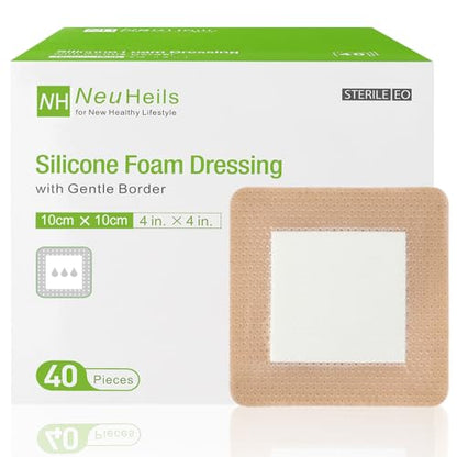 NeuHeils Silicone Foam Dressing with Border 4''x4'', 40 Pack for Bed Sores - size: 4''x4'' (40 Pack)