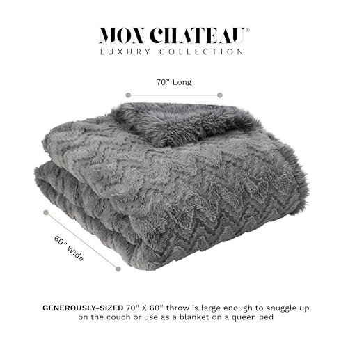Mon Chateau 60" x 70" Hearthside Faux Fur Throw Blanket, Fog Stone Jacquard | Cozy Layer Comfort For Couch, Bed Or Chair. Lightweight Polyester Fabric With Easy Machine Wash Care - color: Fog Stone Jacquard