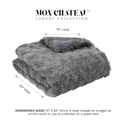 Mon Chateau 60" x 70" Hearthside Faux Fur Throw Blanket, Fog Stone Jacquard | Cozy Layer Comfort For Couch, Bed Or Chair. Lightweight Polyester Fabric With Easy Machine Wash Care - color: Fog Stone Jacquard