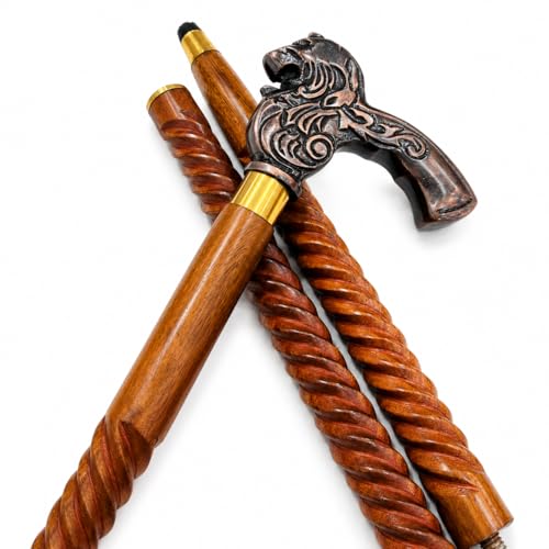 Handmade Solid Brass Head Handle Vintage Style Antique Wooden Walking Stick Cane Gift (3 Fold Wooden Walking Cane) - style: Dragon walking hadle stick