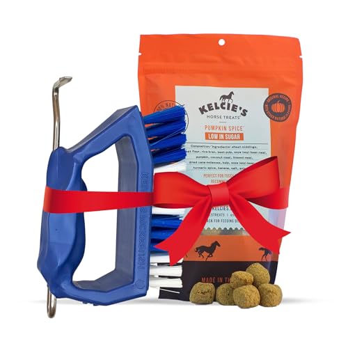 Kelcie’s Horse Care Essentials Bundle - Pumpkin Spice Horse Treats (1 lb) + Hoof Pick Brush Grooming Tool | Healthy Treats & Easy Hoof Cleaning