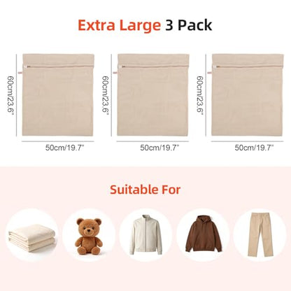 MADIKA 100% Pure Cotton Mesh Laundry Bags Large, Premium Soft, No Dye, Natural, Set of 3(XXL) - size: XX-Large