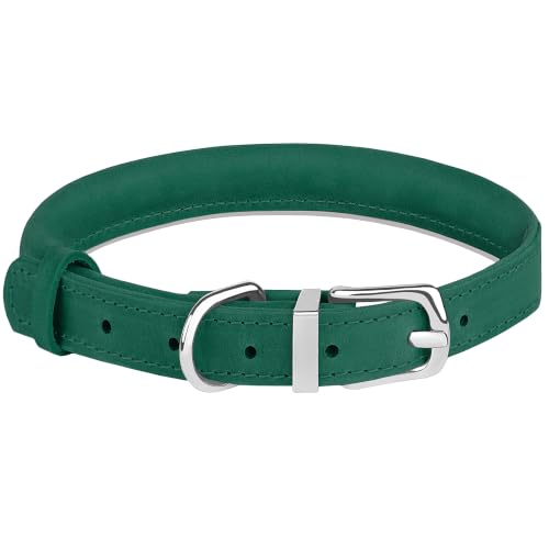 OOPSDOGGY Rolled Leather Dog Collar Reflective – Genuine Leather Round Dog Collar for Small Medium Large Dogs (Emerald Green, 8" - 11") - color: Emerald Green, size: 8" - 11"