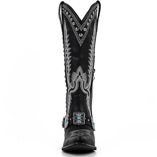 Yolkomo Cowboy Boots for Women Knee High Western Cowgirl Boots with Embroidery Belt Buckle Chains - color: Black, size: 6.5