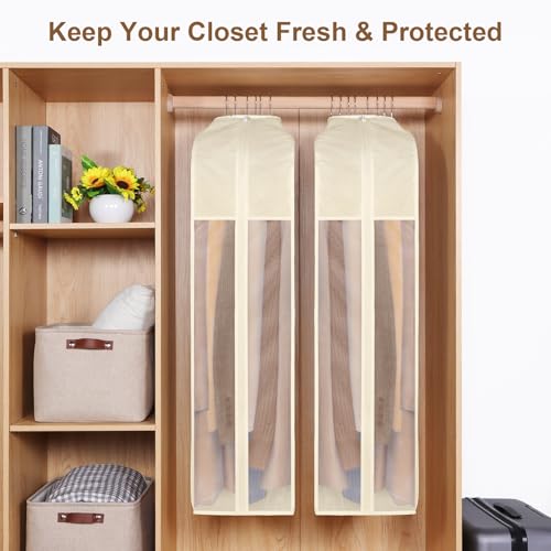 43 Inch Cotton Garment Bags for Hanging Clothes 3 Pack, Beige | Breathable Cotton Fabric, Extre Large 10in Gusseted, Organza Window, Durable Zipper, For Closet Storage, Suits, Jacket - size: 10"W x 43"H-3pcs - Beige
