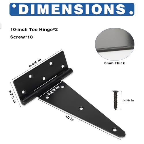 10 Inch T-Strap Gate Hinges, Heavy Duty Black Barn Door Hinges, 2 Pack - size: 10 Inch