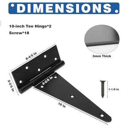 10 Inch T-Strap Gate Hinges, Heavy Duty Black Barn Door Hinges, 2 Pack - size: 10 Inch
