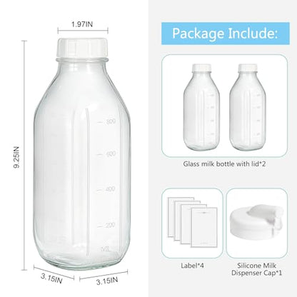 2 Pack 32oz Glass Milk Bottles with Airtight Lids