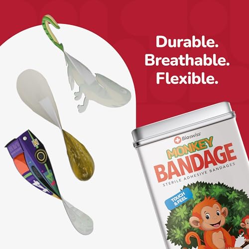 BioSwiss Bandages, Monkey Shaped Self Adhesive Bandage Set, Latex Free, Sterile Wound Care, 50 Count - size: 50-Count Tin, style: Monkey