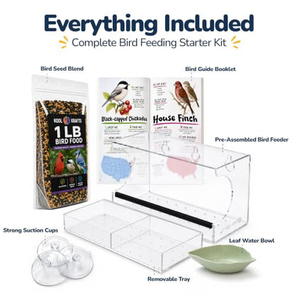 Kool Krafts Window Bird Feeder Kit for Kids & Families – Includes 1 lb USA Made Bird Food, 24-Page Educational Bird Guide Booklet, Removable Tray & Water Cup