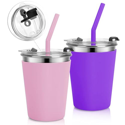 Stainless Steel Kids Cups with Lids, 12oz Spill Proof Cups, 2 Pack - color: Pink, Purple