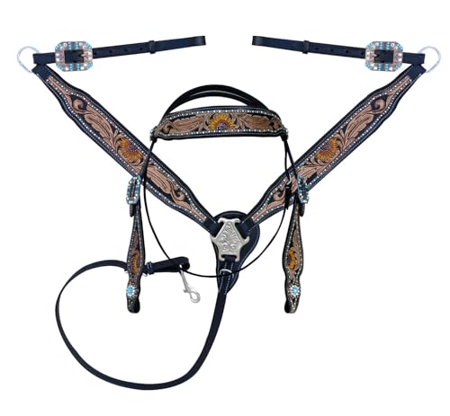 Majestic Ally Tooled Leather Western Headstall & Breast Collar Set – Handcrafted Leather, Classic Western Tack, Multiple Styles & Designs - style: 1018-BLK