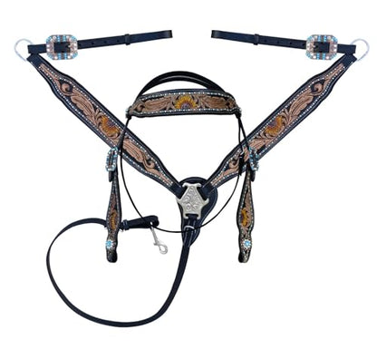 Majestic Ally Tooled Leather Western Headstall & Breast Collar Set – Handcrafted Leather, Classic Western Tack, Multiple Styles & Designs - style: 1018-BLK