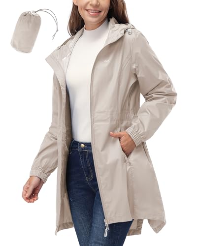 33,000ft Women's Waterproof Long Rain Coats Packable Rain Jacket with Hood - color: Beige, size: Medium