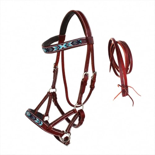 Horse Western Leather Beaded Bitless Sidepull Bridle Reins 77RS18MG-F